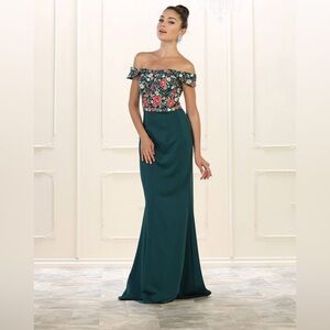 May Queen Deep Green Embroidered Floral Off-Shoulder Gown